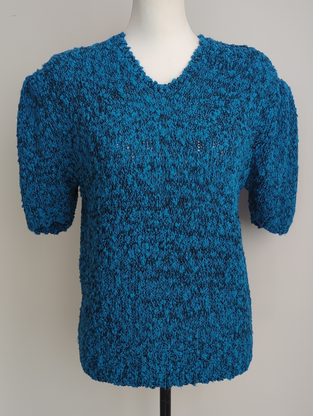 Vintage 1980s Rainbow Ridge Teal Blue Popcorn Knit Puff Sleeve Sweater Top LARGE